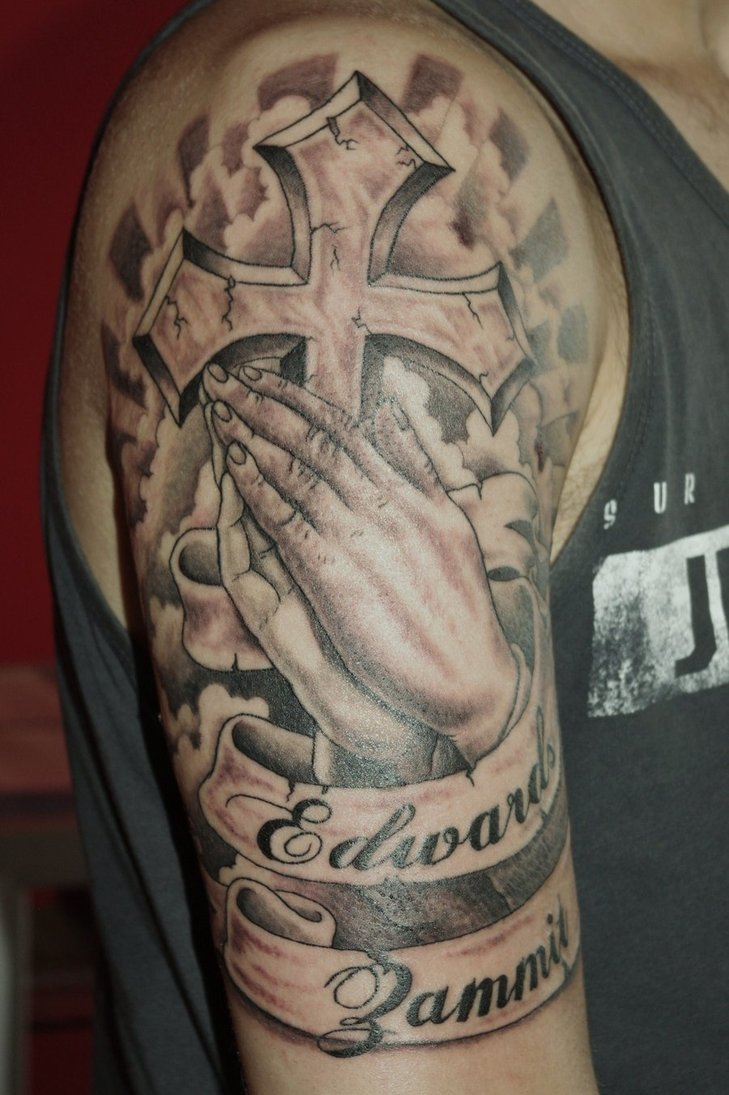 Black And Grey Cross In Praying Hands With Banner Tattoo On Half Sleeve throughout sizing 729 X 1095