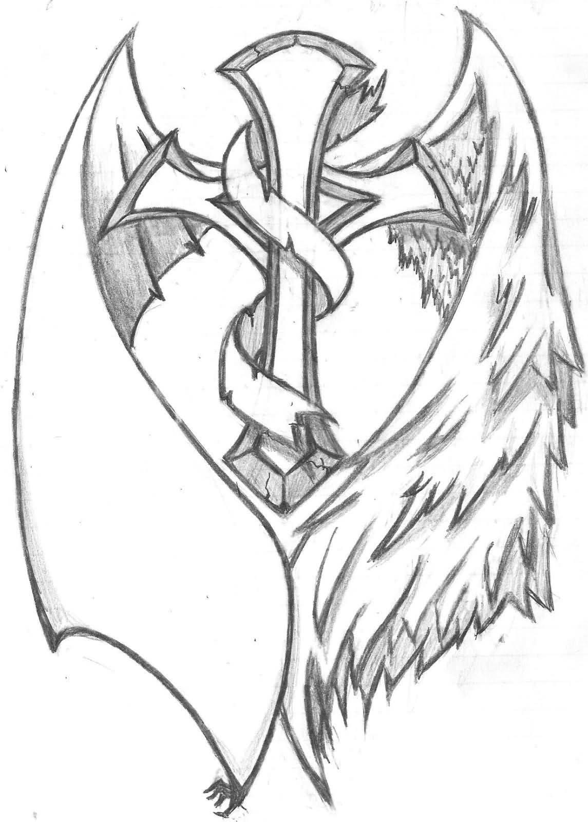 Black And Grey Cross With Wings Tattoo Design Streadwelljr for proportions 1145 X 1600