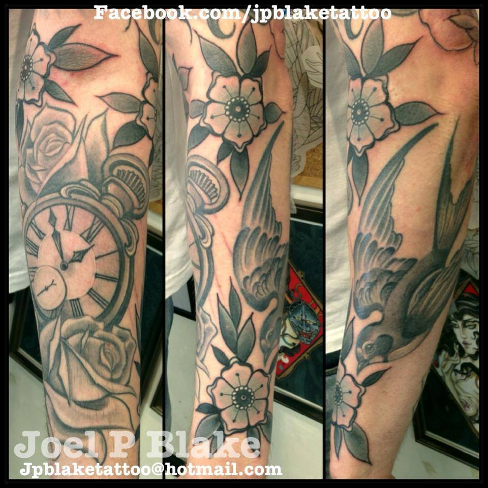 Black And Grey Pocket Watch With Flowers And Flying Bird Tattoo On Arm regarding sizing 960 X 960