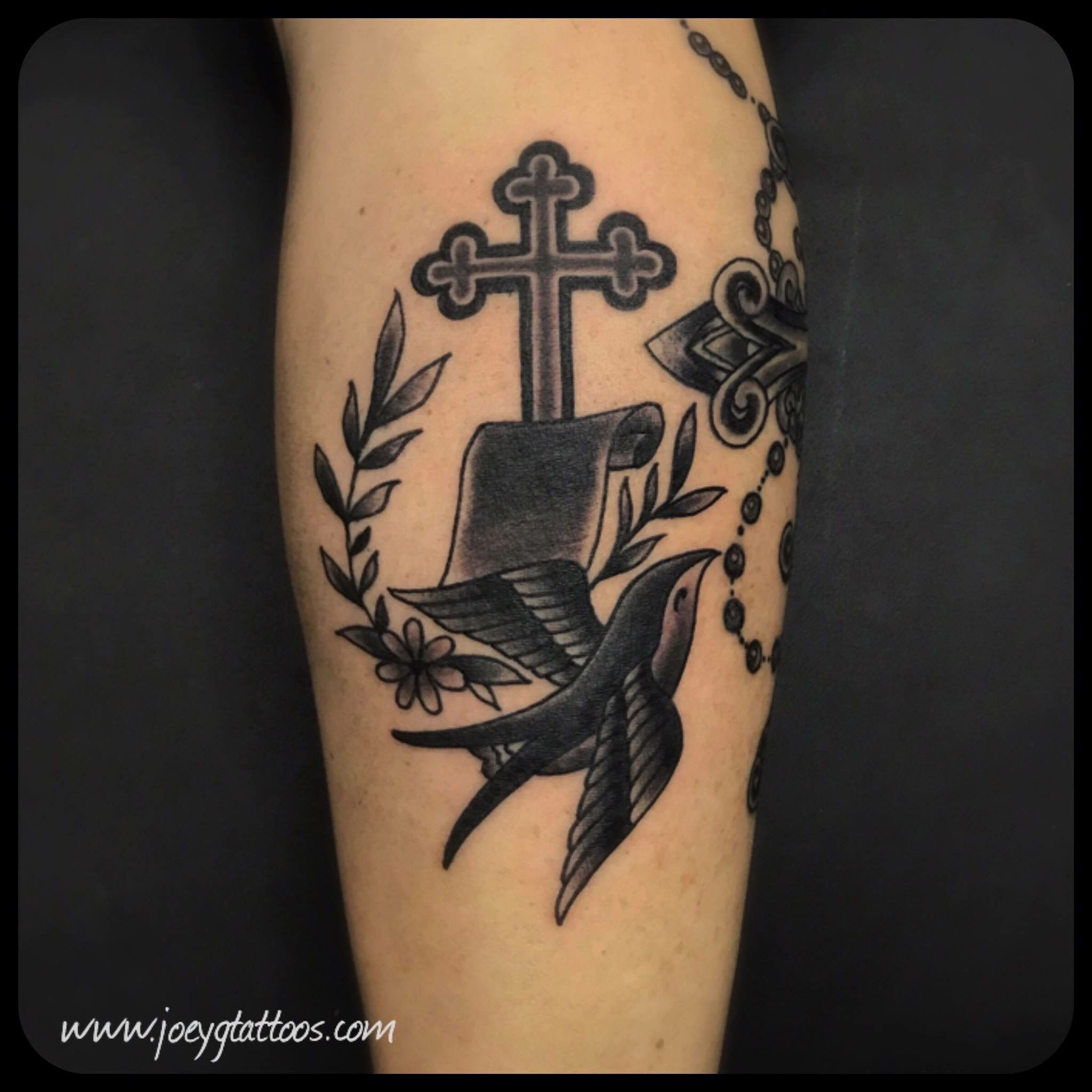 Black And Grey Tattoo Traditional Tattoo With Cross And Sparrow within sizing 2048 X 2048