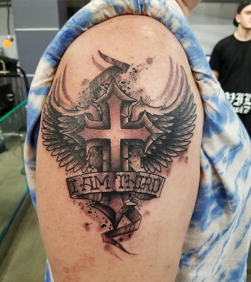 Black And Grey Winged Cross Tattoo On Right Shoulder Chadinkart in size 854 X 960