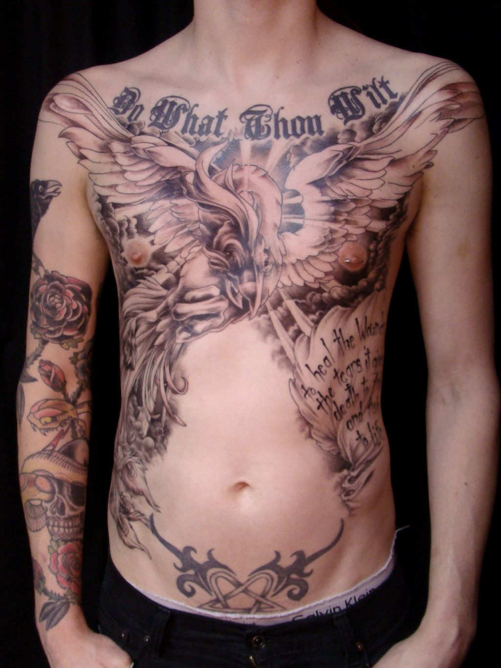 Black And White Chest Piece With A Bird Tattoo Tattoos Chest with regard to size 1024 X 1365