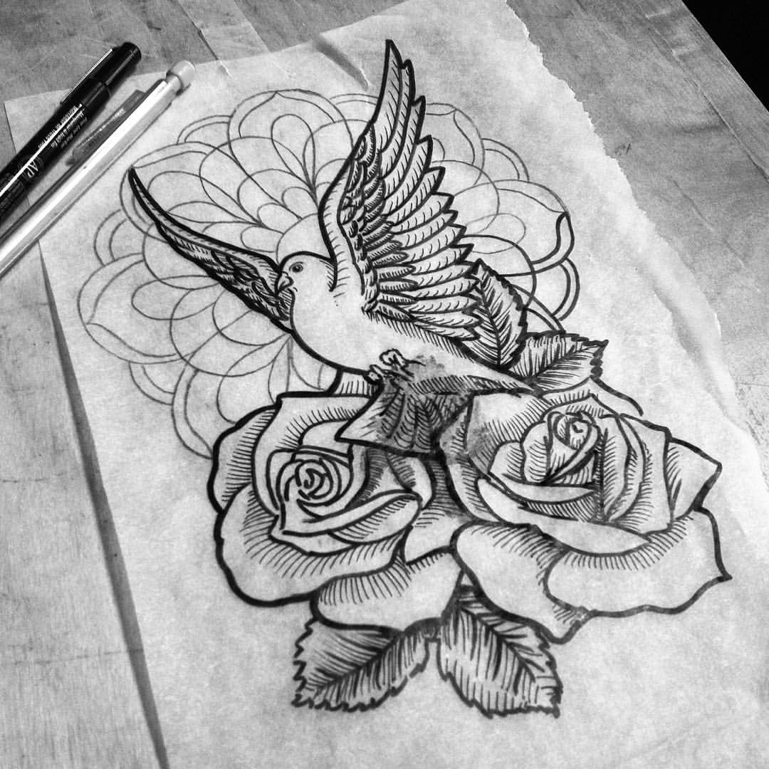 Black And White Dove With Rose Buds And Mandala Flower Tattoo Design regarding size 1080 X 1080