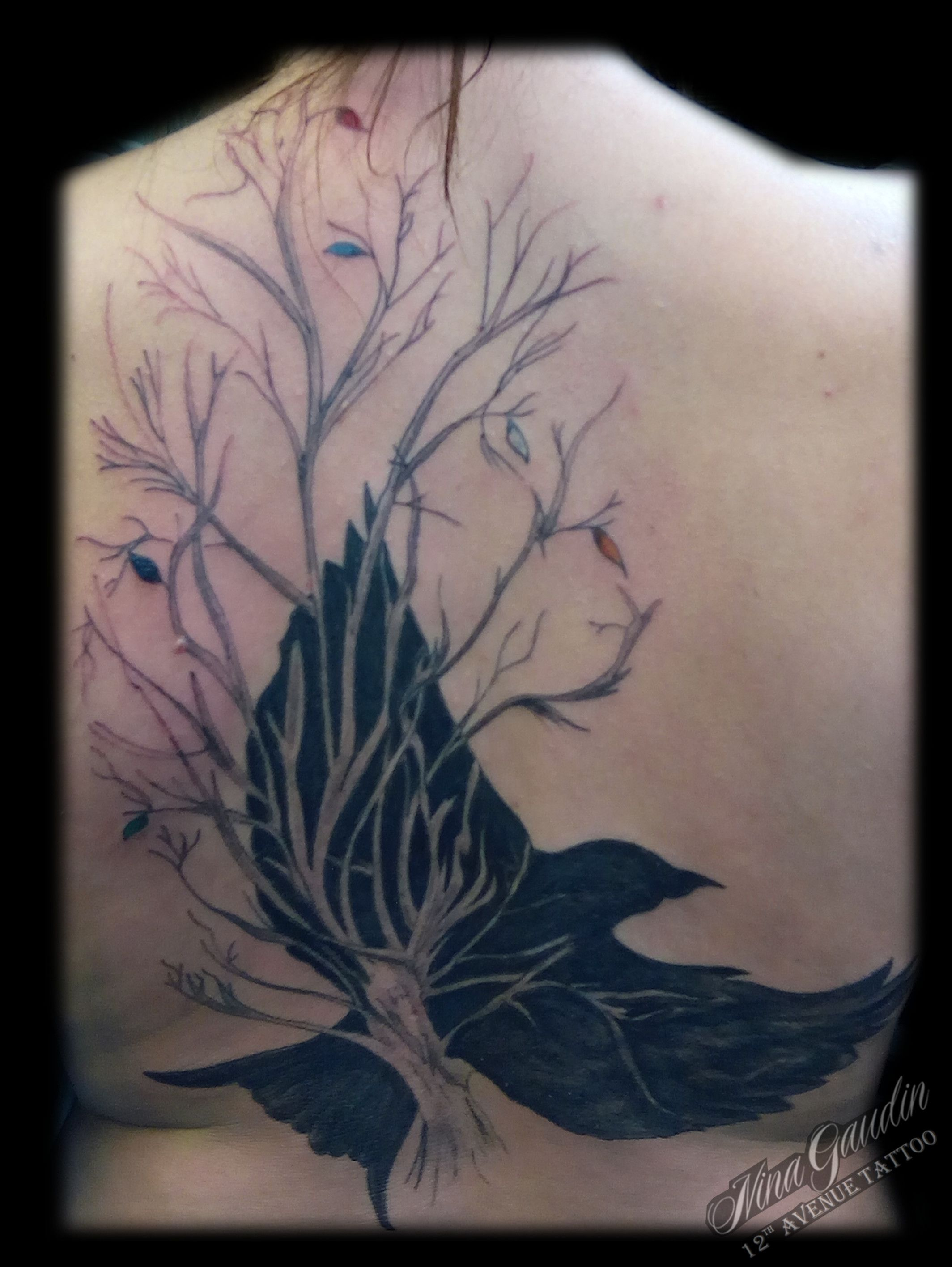 Black Bird And Tree With Colored Leaves Cover Up Back Tattoo intended for sizing 2128 X 2832