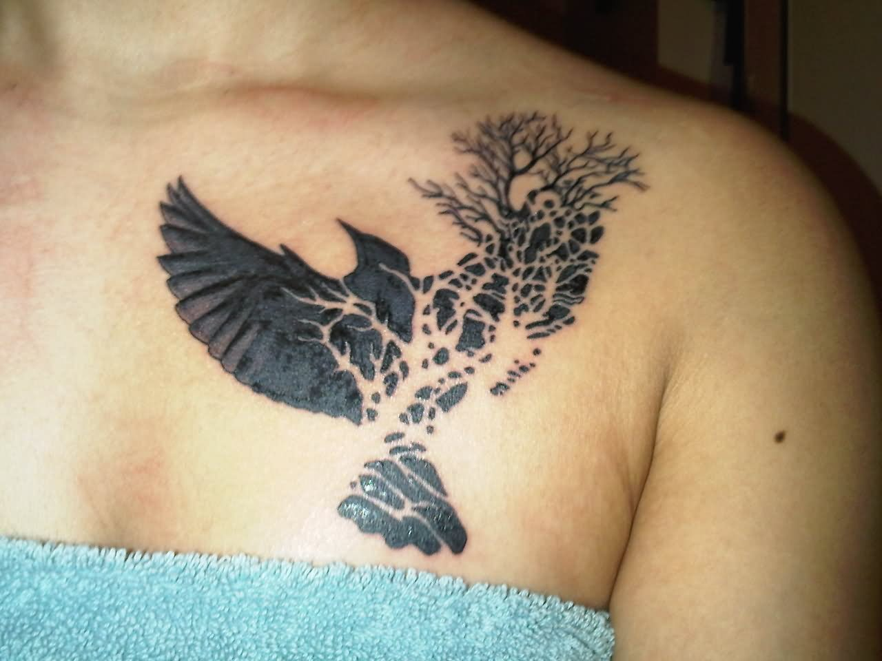 Black Bird Tattoo With Tree Tattoo On Front Shoulder in size 1280 X 960
