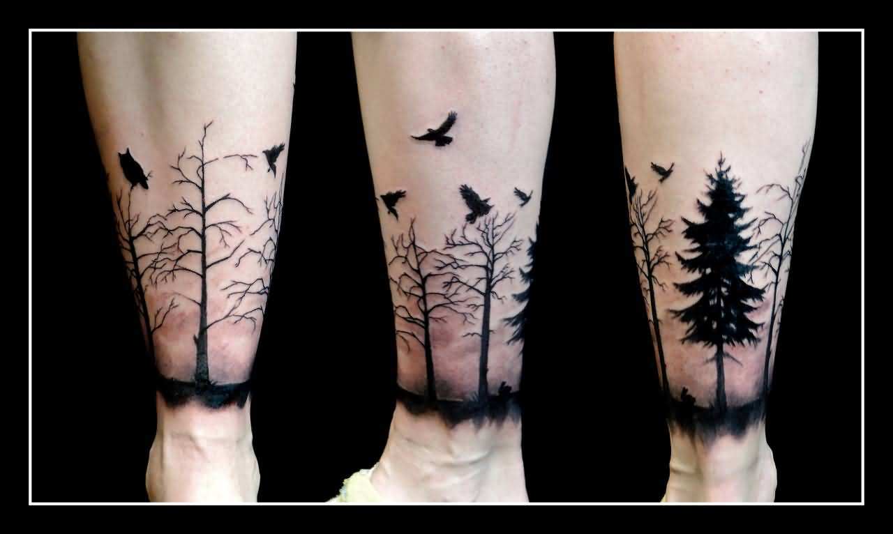 Black Flying Birds And Cool Forest Tree Tattoo On Leg intended for size 1280 X 766