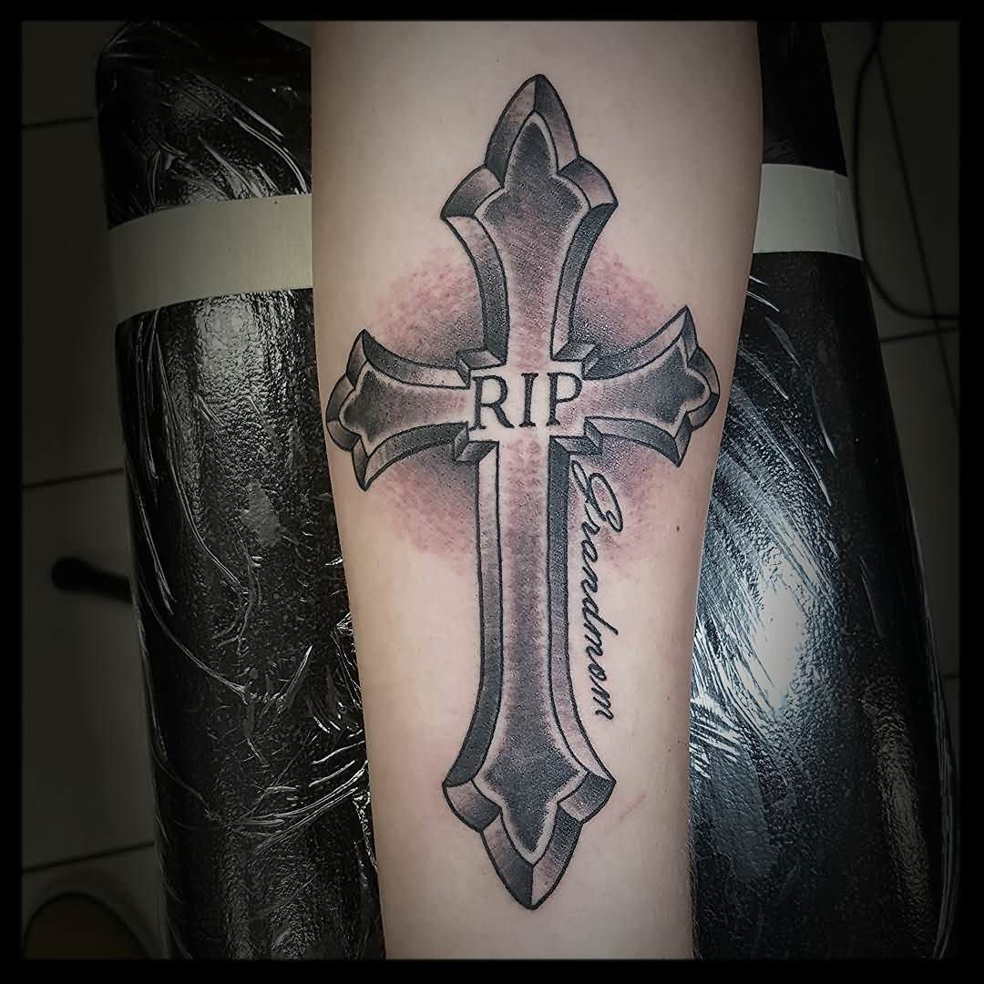 Black Grey Shaded Memorial Cross Tattoo Design For Forearm for measurements 1080 X 1080