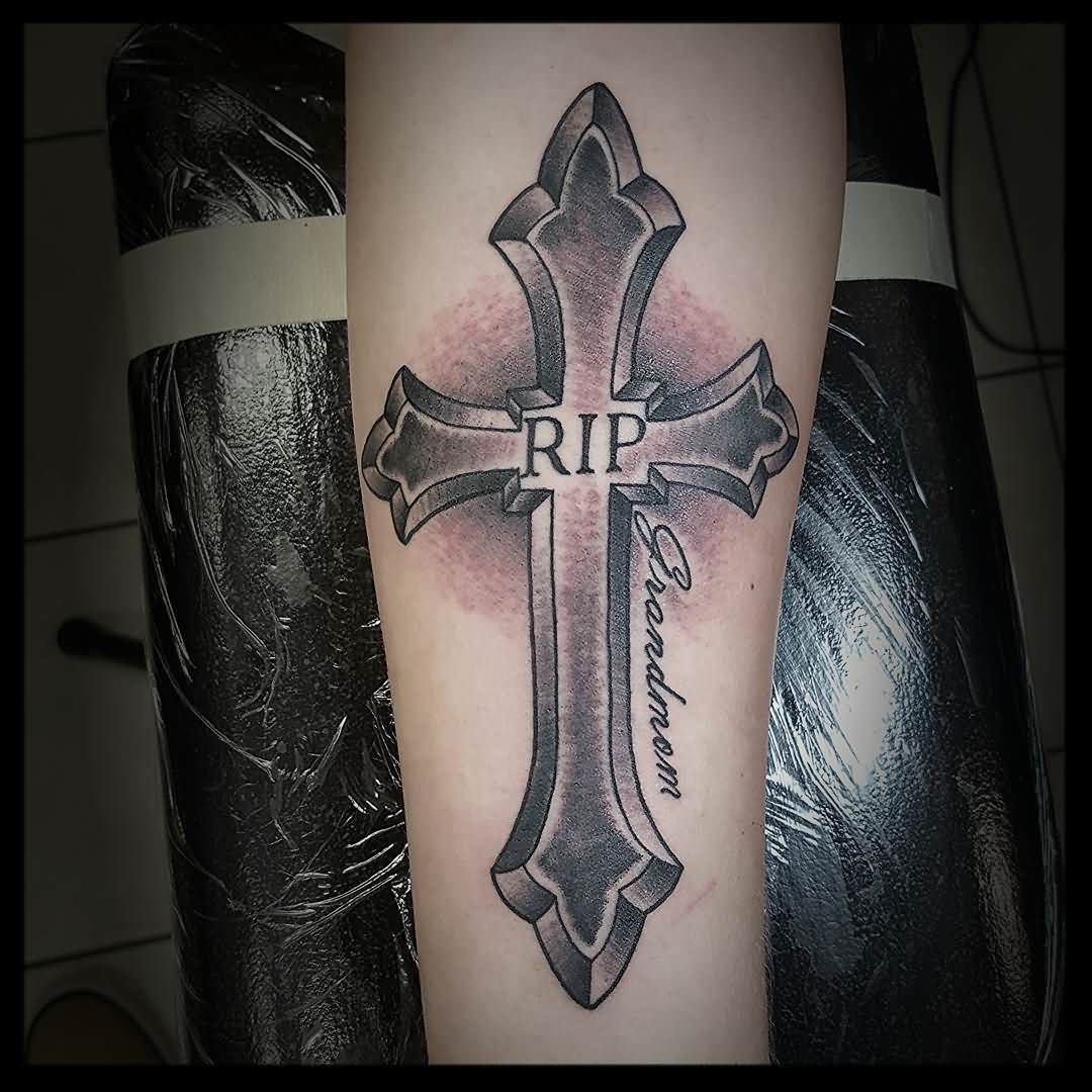 Black Grey Shaded Memorial Cross Tattoo Design For Forearm with proportions 1080 X 1080