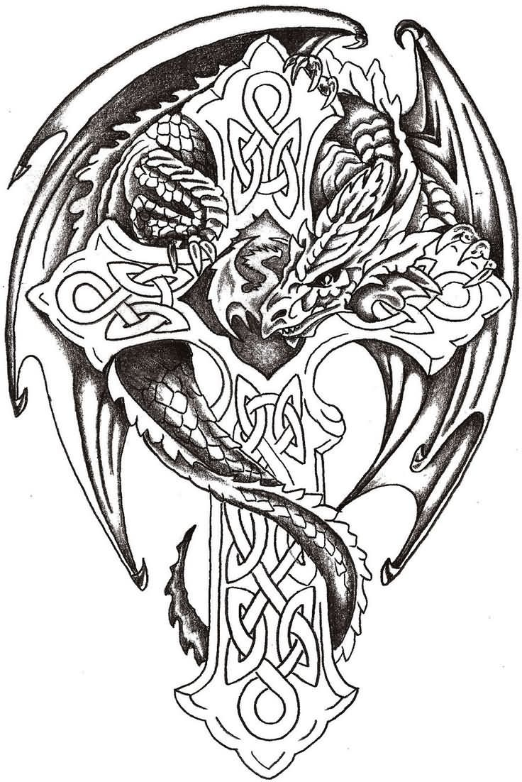 Black Ink Celtic Cross With Dragon Tattoo Design within sizing 736 X 1102