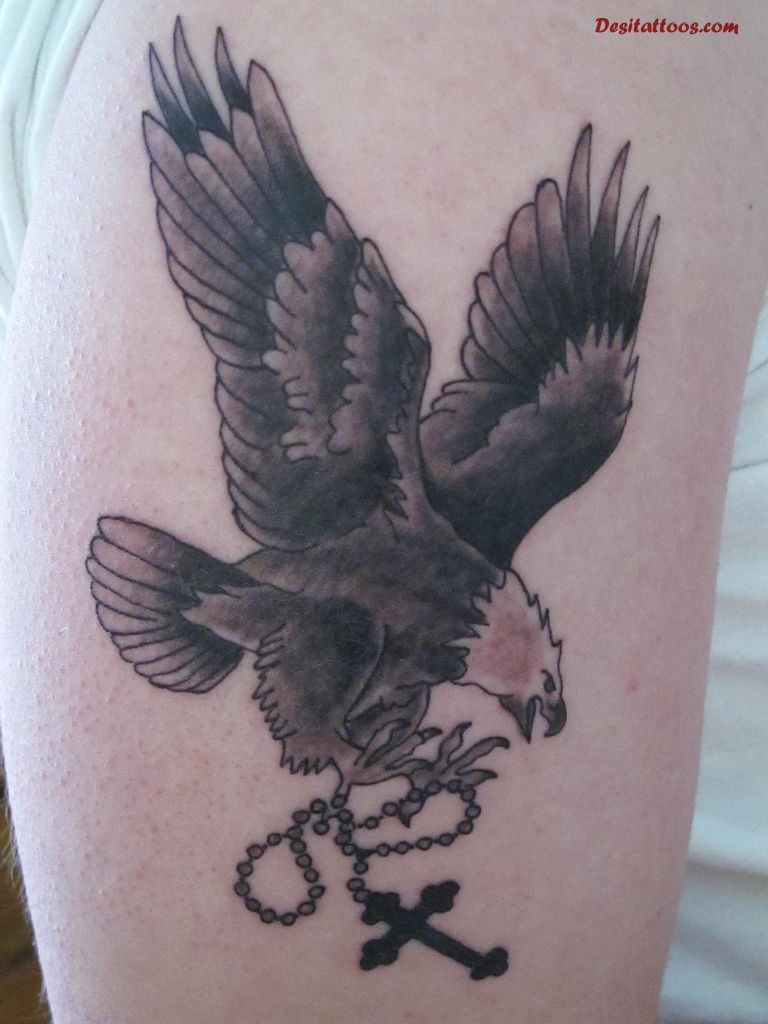 Black Ink Flying Eagle With Rosary Cross Tattoo On Half Sleeve for size 768 X 1024