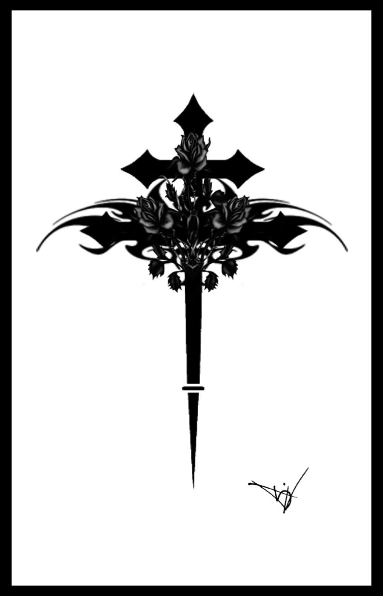 Black Ink Gothic Cross With Roses Tattoo Design Quicksilverfury intended for dimensions 771 X 1200