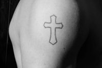 Black Outline Cross Tattoo On Shoulder in size 768 X 1024