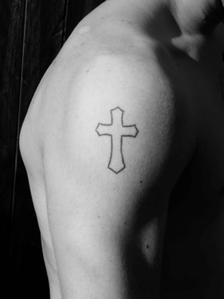 Black Outline Cross Tattoo On Shoulder in size 768 X 1024