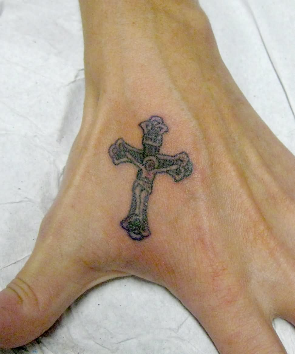 Black Religious Jesus On Cross Tattoo On Hand regarding measurements 972 X 1166