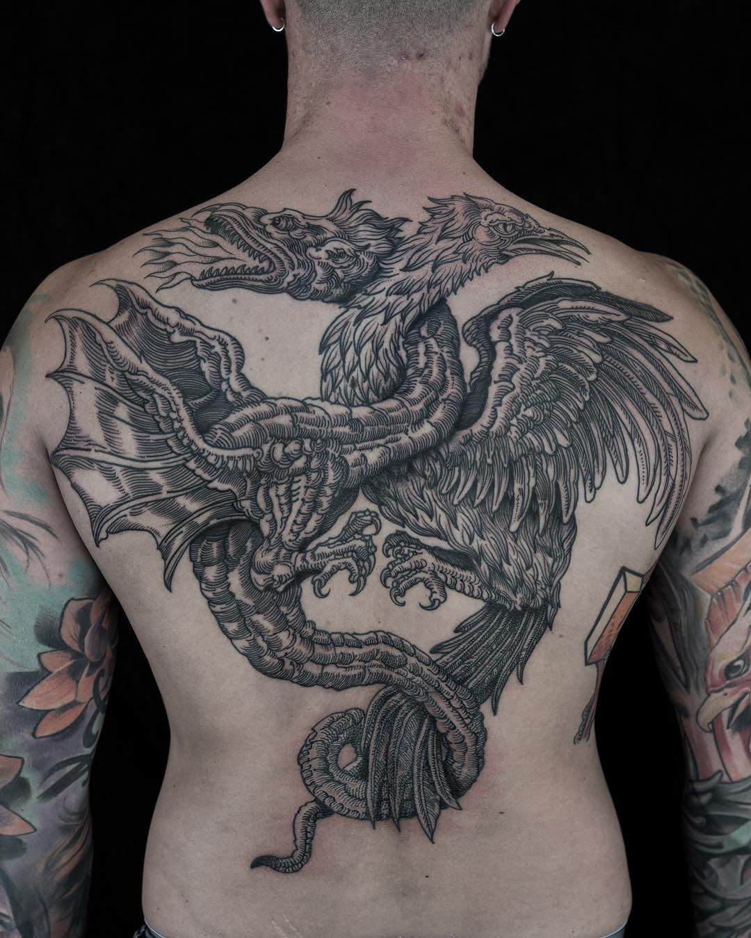 Blackwork Dragon And Bird Tattoo On Back Mxmttt Tattoosonback throughout proportions 1080 X 1350