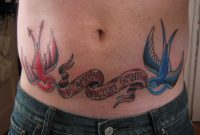 Blue And Red Two Flying Birds With Banner Tattoo On Lower Stomach regarding size 1024 X 768