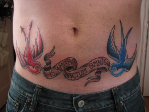 Blue And Red Two Flying Birds With Banner Tattoo On Lower Stomach regarding size 1024 X 768