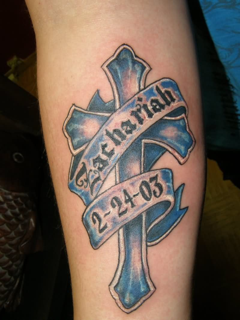 Blue Cross With Banner Tattoo On Arm Cross Tattoos Cool Cross throughout measurements 800 X 1067