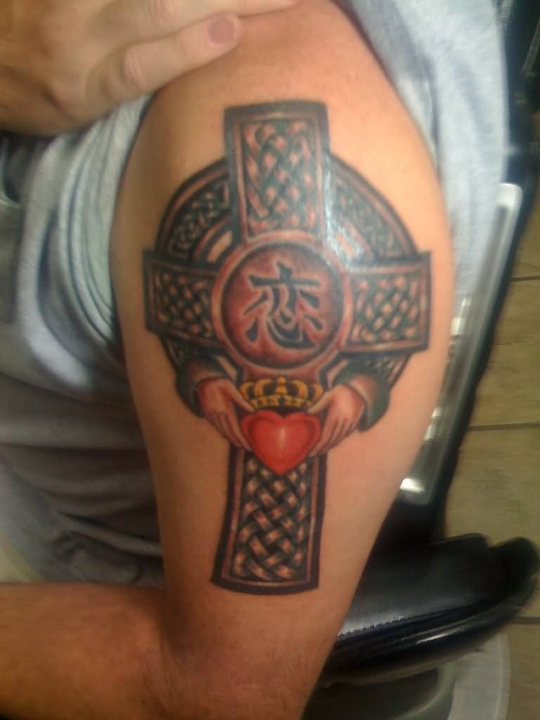 Celtic Cross And Claddagh Tattoo On Left Half Sleeve Claddagh regarding proportions 768 X 1024
