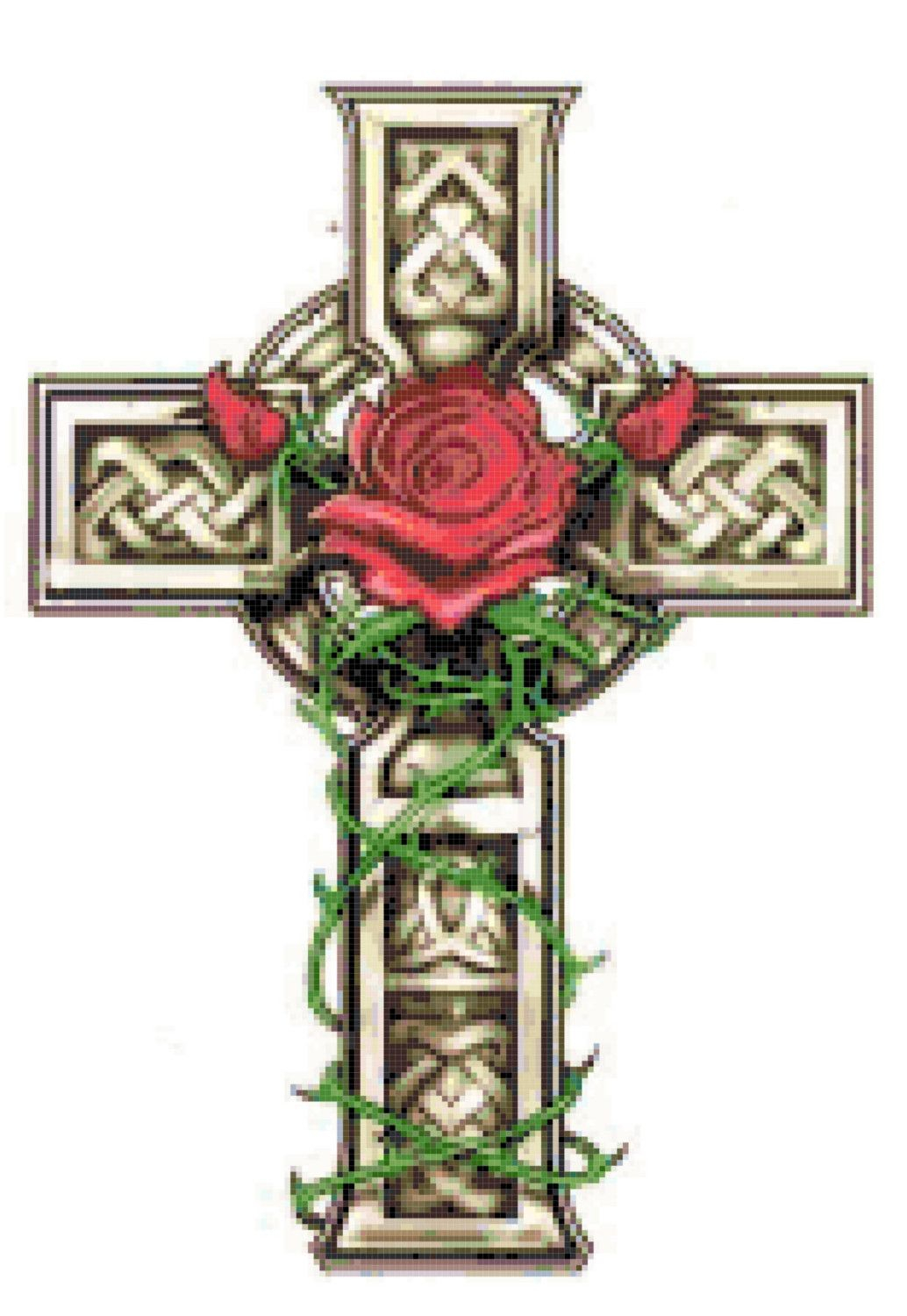 Celtic Cross With Rose And Vines Cross Stitch Pattern Tattoo with proportions 1034 X 1500