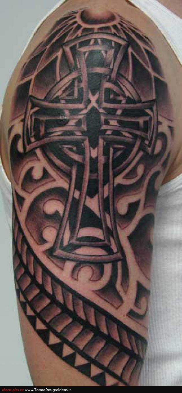 Celtic Cross Worked Into Some Nice Line Work Upper Arm Half Sleeve pertaining to size 630 X 1359
