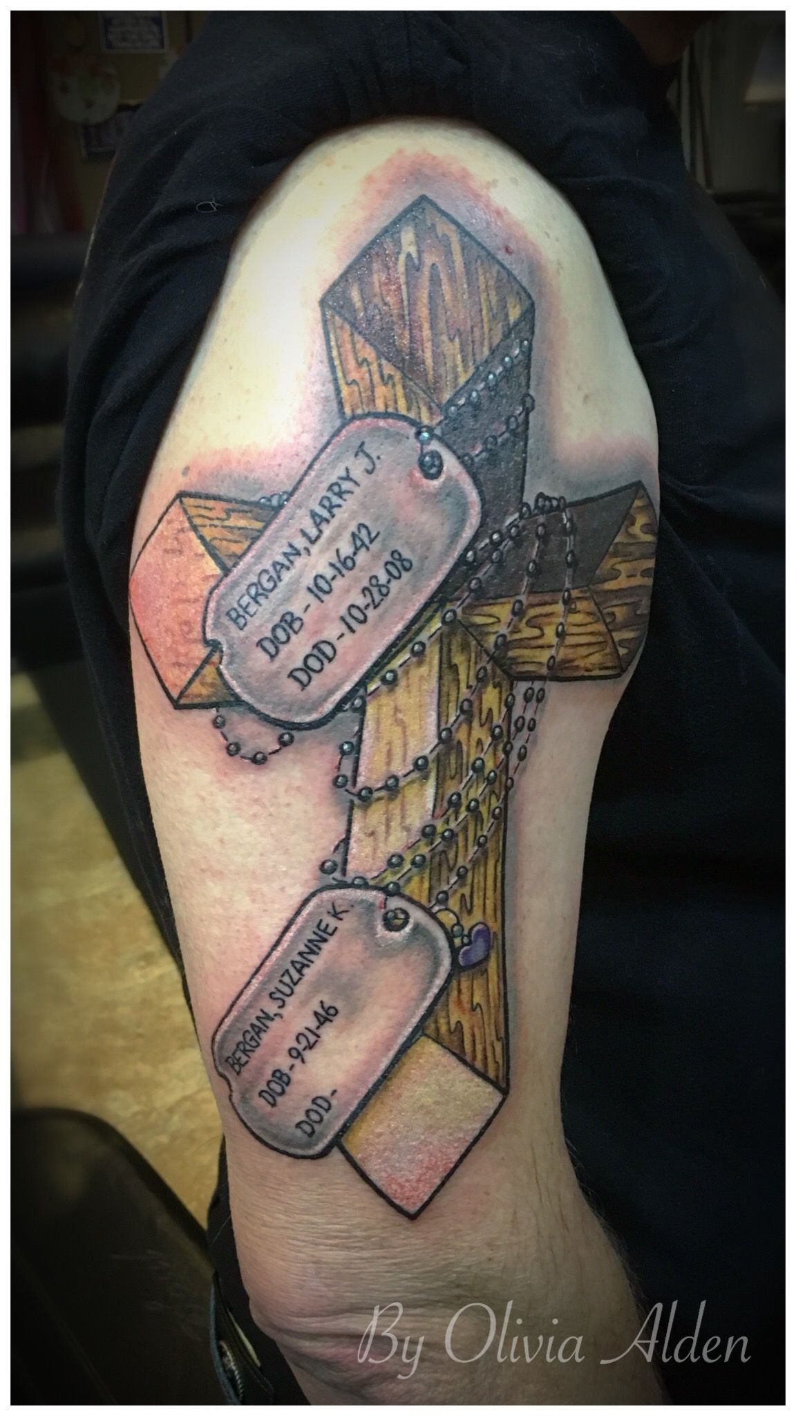 Color Cross Memorial Shoulder Tattoo With Mother And Fathers Name in proportions 1152 X 2048