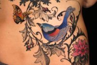 Colorful Bird On Branch With Flying Butterfly Tattoo On Lower Back within dimensions 1156 X 1156