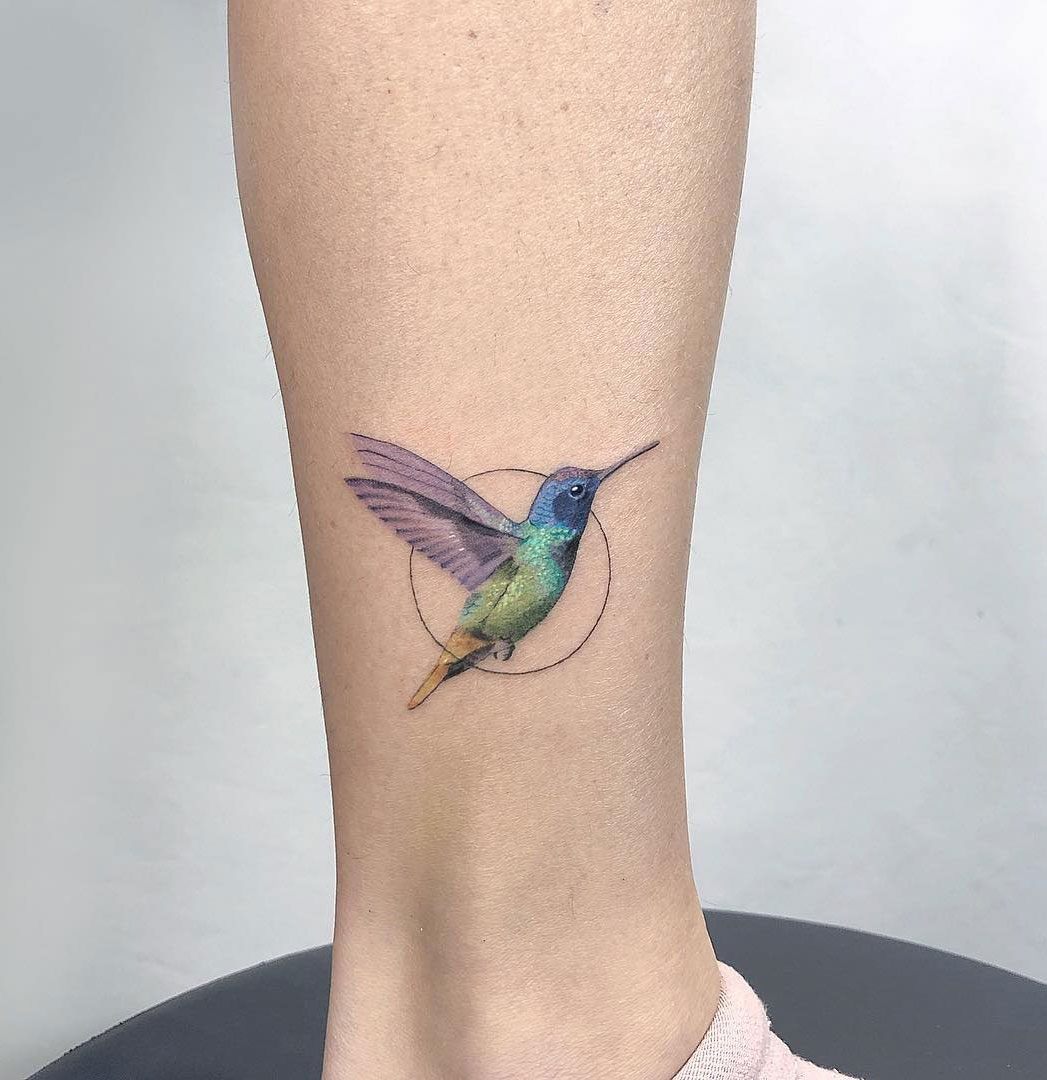 Colorful Hummingbird Minimalism Ankle Piece Best Tattoo Design Ideas regarding proportions 1047 X 1080