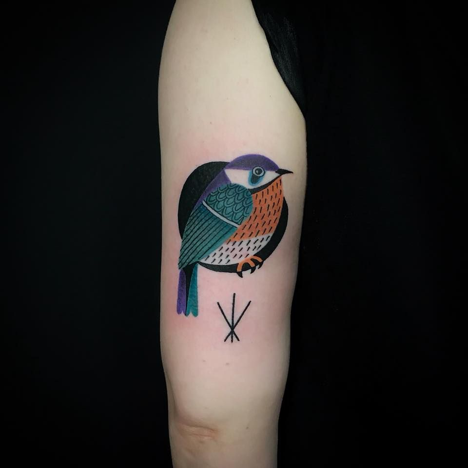 Colorful Small Bird Tattoo Inked On The Back Of The Left Upper Arm inside size 960 X 960