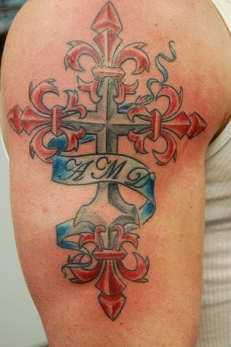 Coloured Fleur De Lis Cross With Initials Tattoo On Shoulder inside proportions 800 X 1200