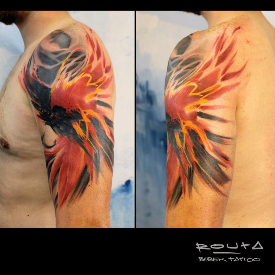 Cool Abstract Flying Bird Tattoo On Man Left Half Sleeve with regard to measurements 960 X 960