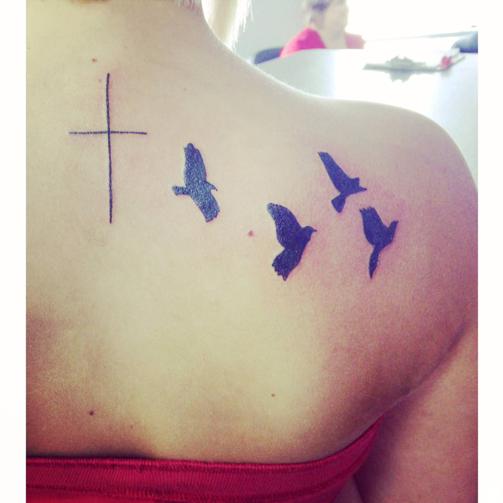 Cross And Birds Tattoo On Girls Back for sizing 1600 X 1600