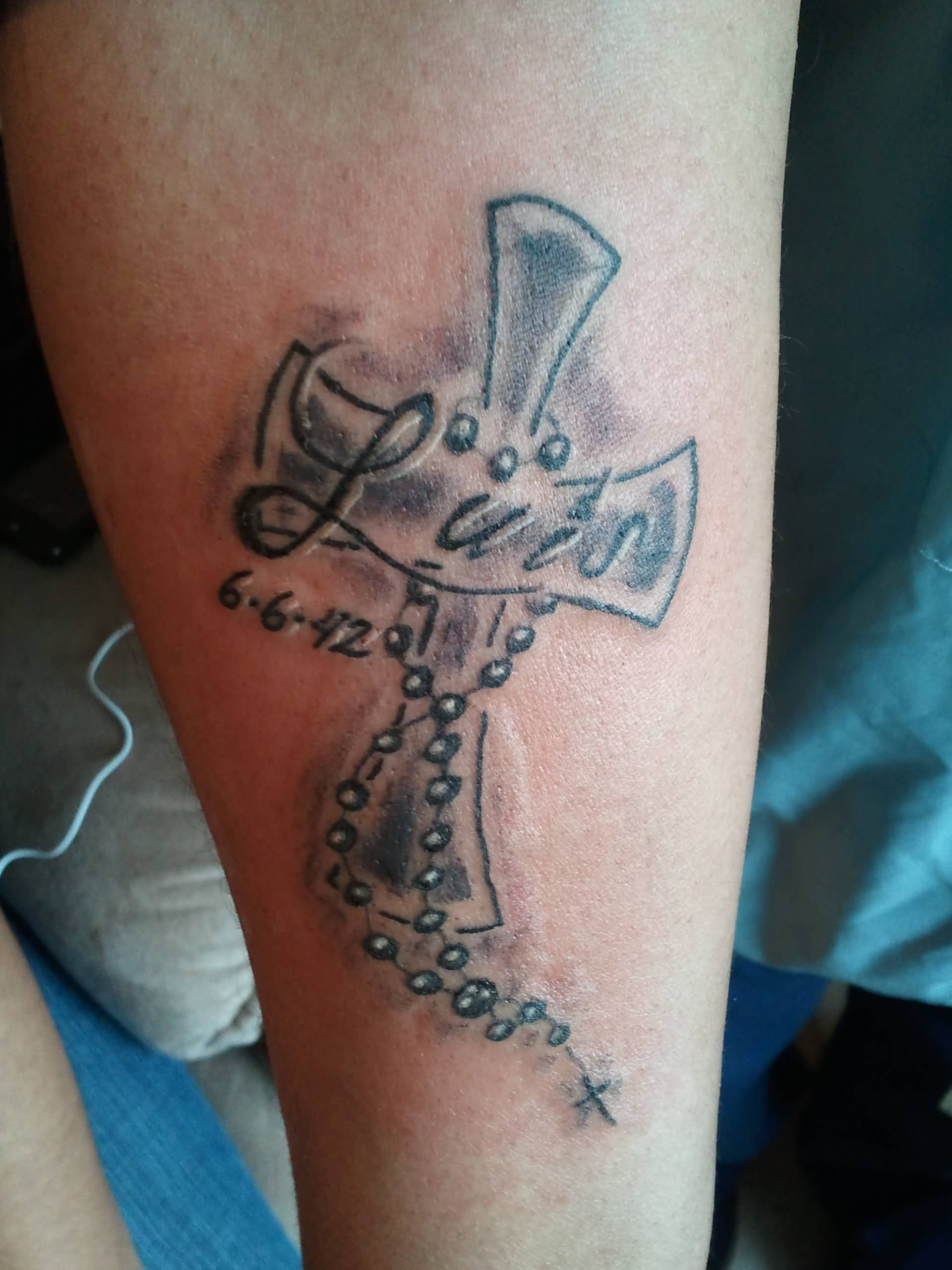 Cross Rosary Name Tattoo On Arm in sizing 1920 X 2560