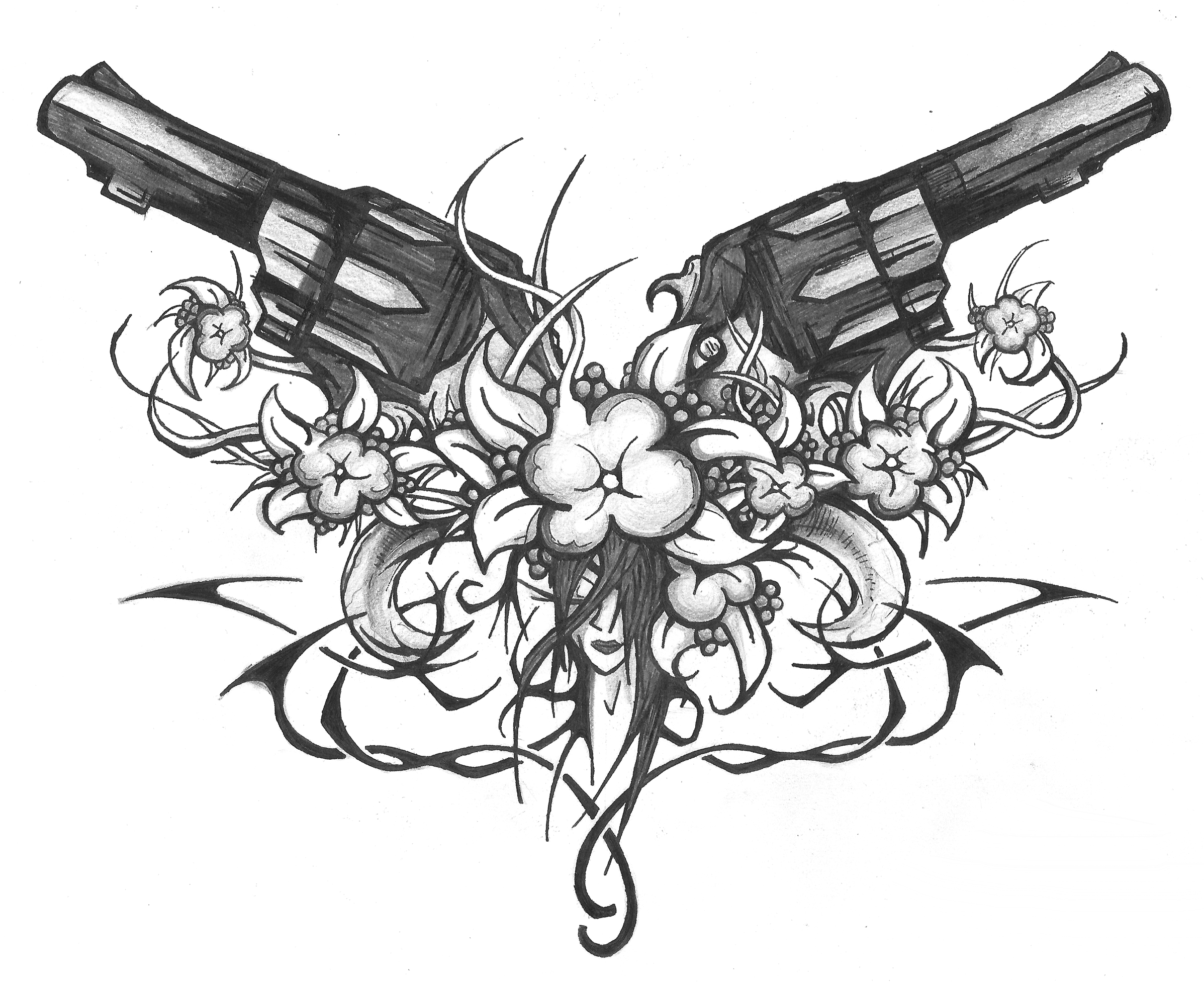 Cross Tattoo Skull Gun Guns Flowers Tribes And Face Jacko41 in size 2395 X 1955