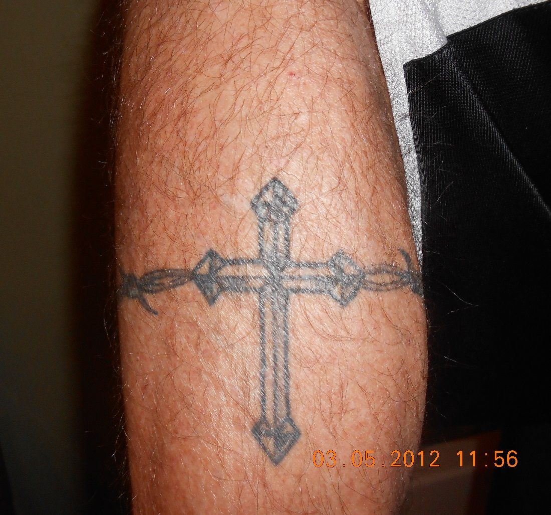 Cross Tattoo With Barbed Wire Around Calf Done Justin Lanasa Of with regard to proportions 1100 X 1027