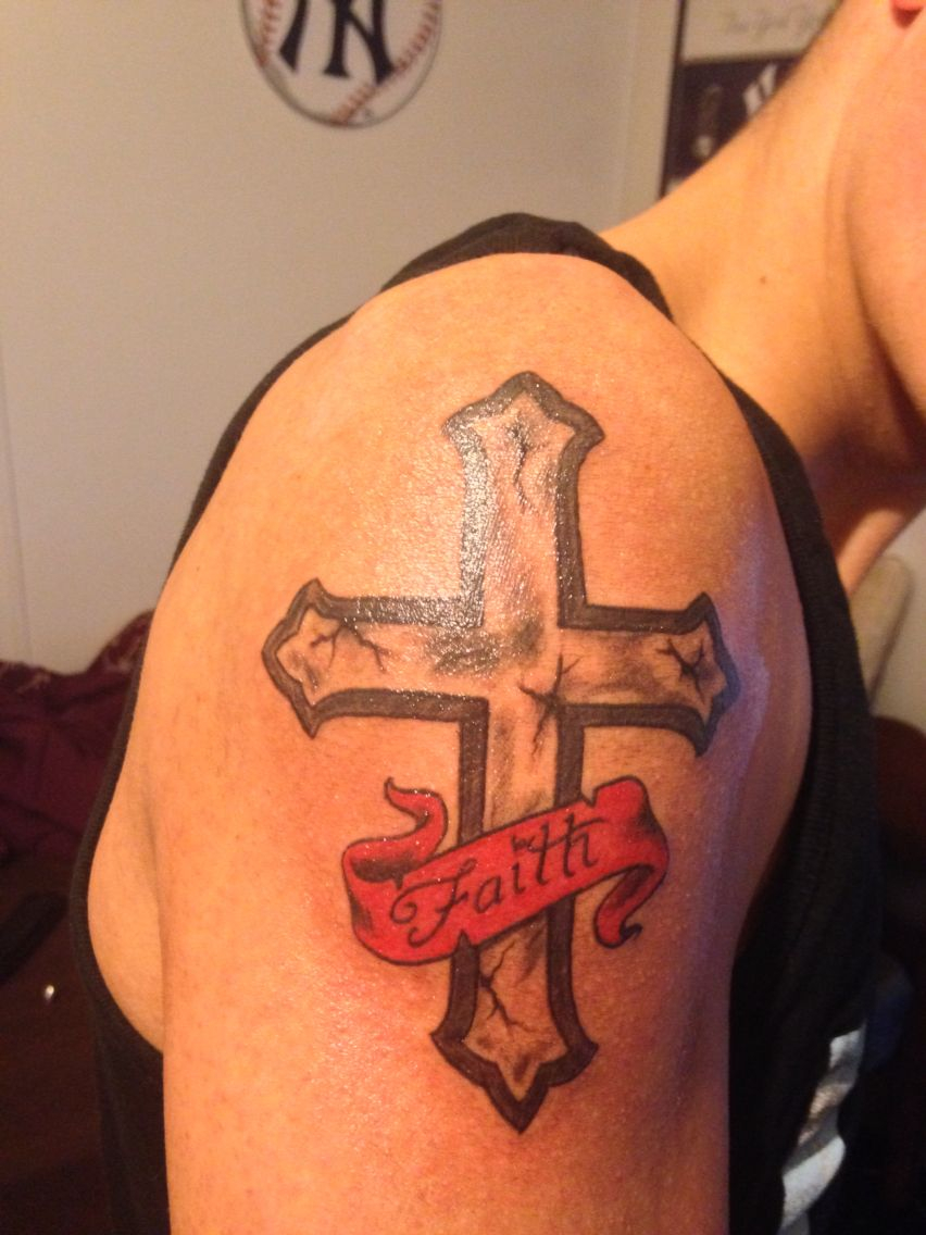 Cross Tattoo With Faith In The Red Ribbon With An Old Stone Look pertaining to sizing 852 X 1136