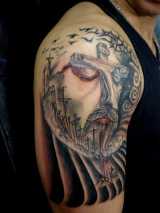 Cross Tattoos With Jesus Painting On Shoulder Body Canvas Jesus within proportions 920 X 1227