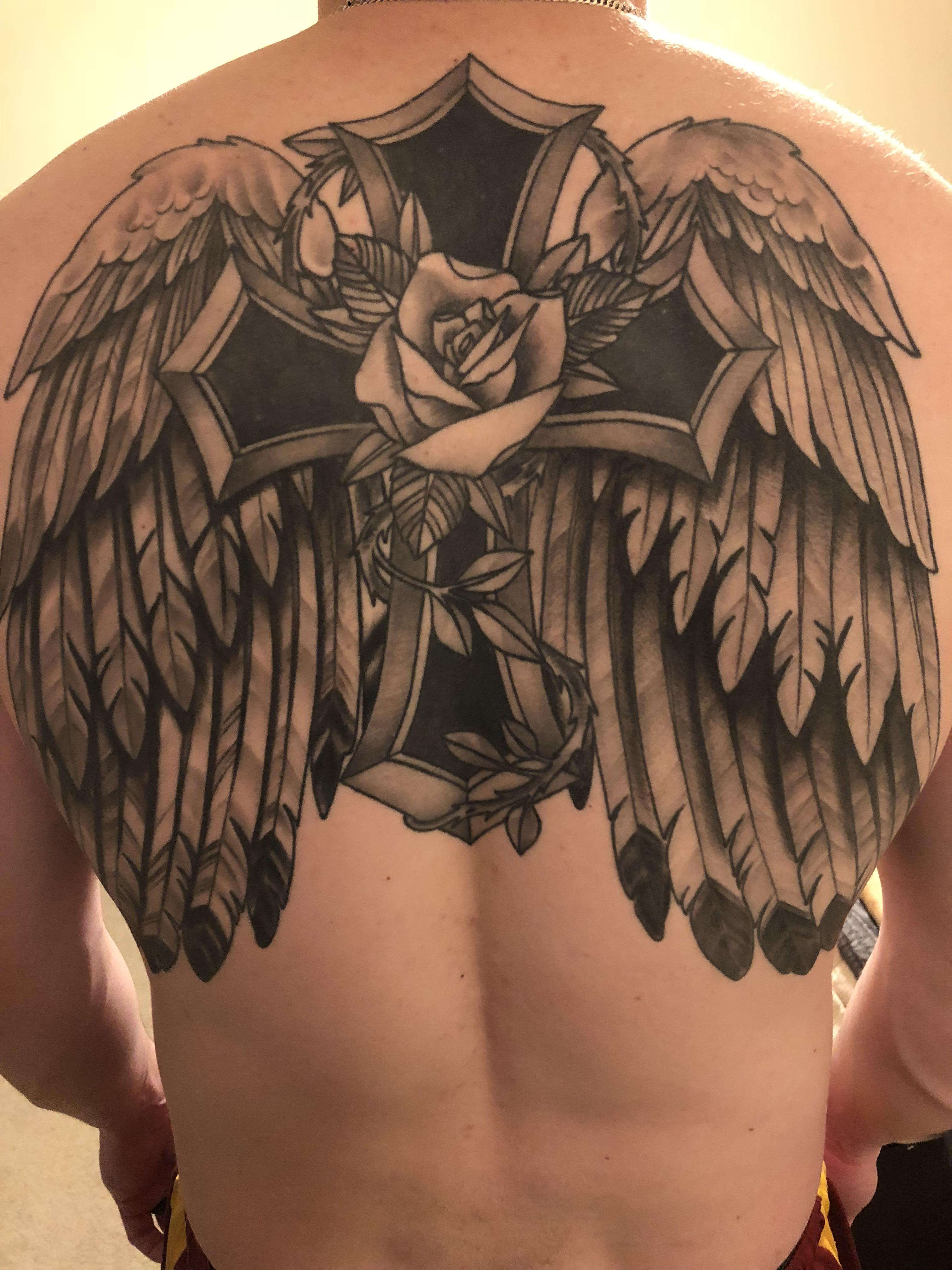 Cross Wings And Rose Tattoo Done Carrie Black At Des Moines inside sizing 3024 X 4032