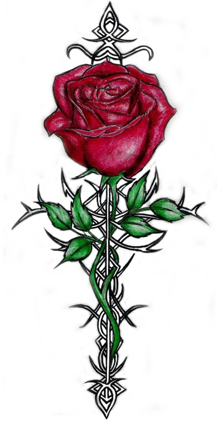 Cross With Rose And Vine Leaves Tattoo Design Tattooes Thorn with size 736 X 1430