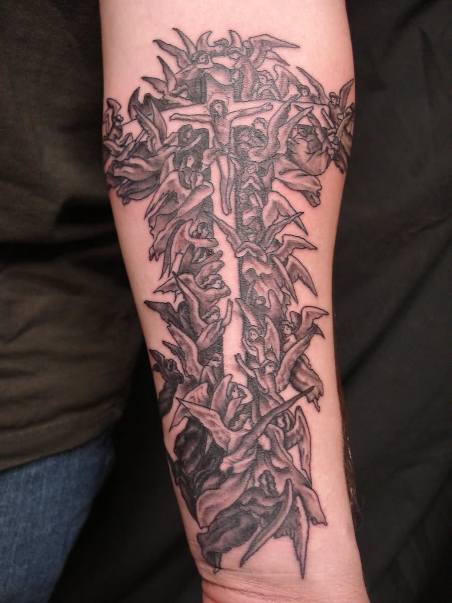 Crucifix Jesus With Angels Tattoo On Forearm throughout proportions 900 X 1200