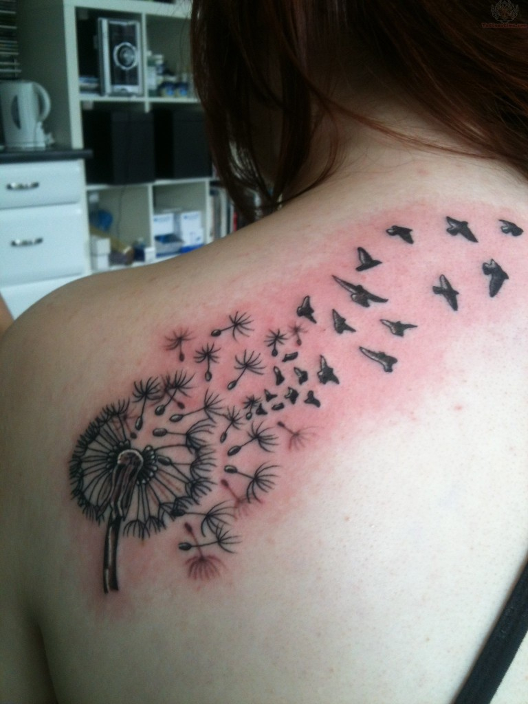 Dandelion Flying Out With Birds Tattoo On Back Shoulder throughout dimensions 768 X 1024