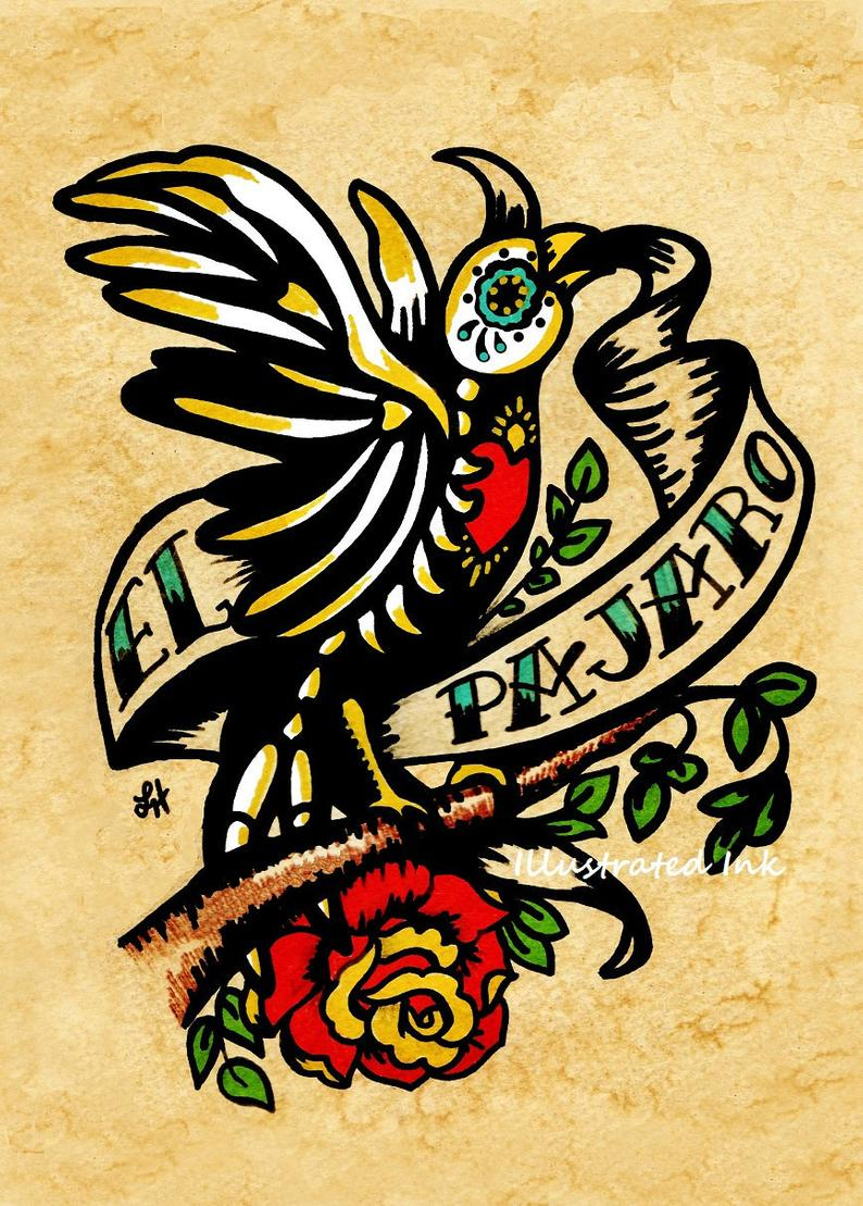 Day Of The Dead Tattoo Skeleton Bird Art El Pajaro Loteria Etsy throughout measurements 794 X 1109