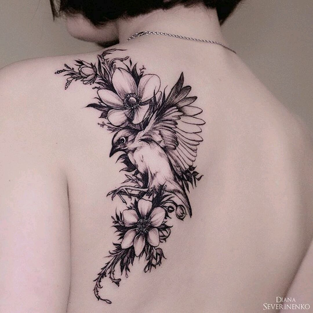 Dianaseverinenko Flower Bird Floral Blackwork Tatts Bod for sizing 1080 X 1080