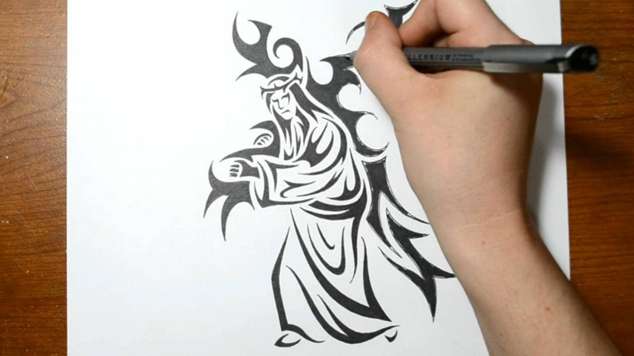 Drawing Jesus Carrying The Cross Tribal Art Tattoo Design Style with dimensions 1280 X 720
