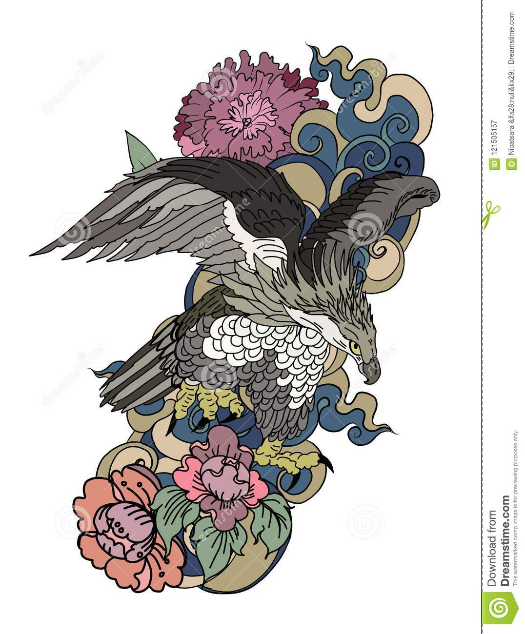 Eagle Flying Tattootraditional Japanese Eagle With Thai Flower On intended for measurements 1076 X 1300