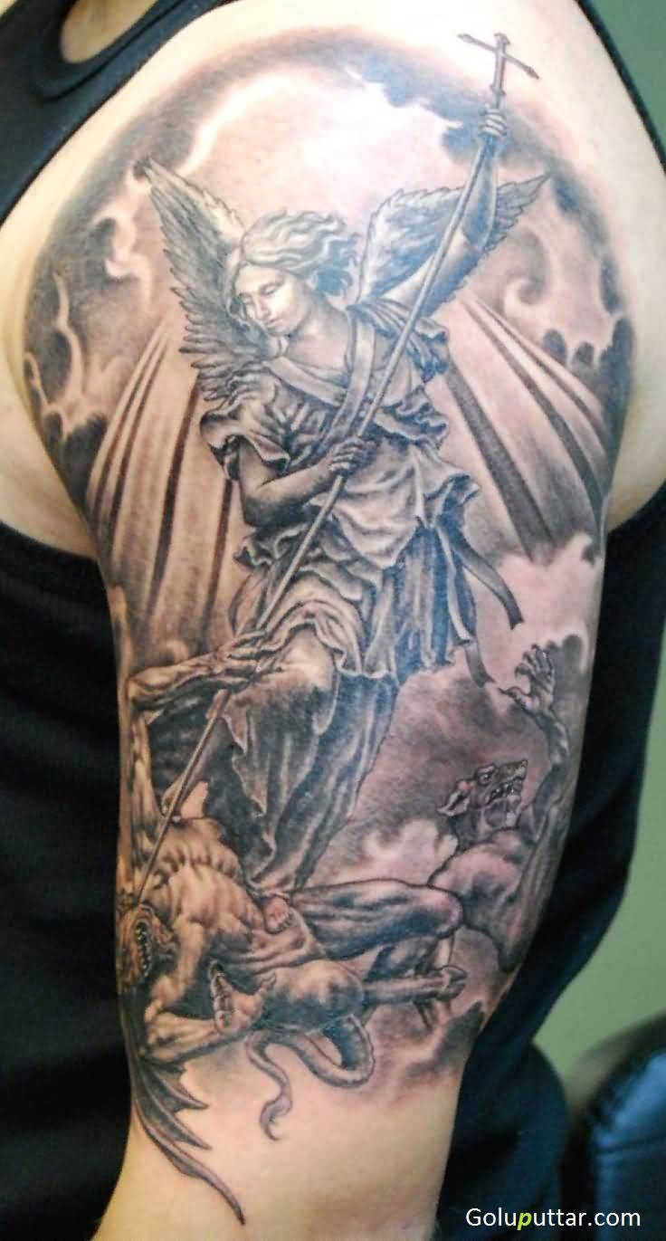 Fabulous Angel Warrior With Cross Tattoo Goluputtar throughout sizing 736 X 1371