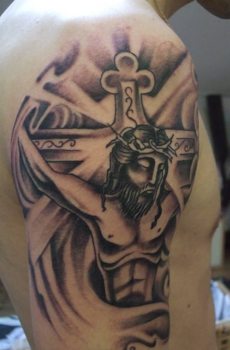Fabulous Jesus Cross Tattoo On Bicep in size 900 X 1369
