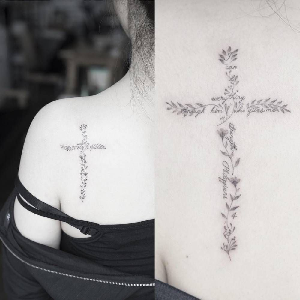 Fine Line Style Floral Christian Cross Including The Bible Verse intended for sizing 1000 X 1000