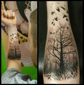 Flying Birds And Forest Tree Tattoo On Left Forearm Nature Tattoos with regard to sizing 900 X 913