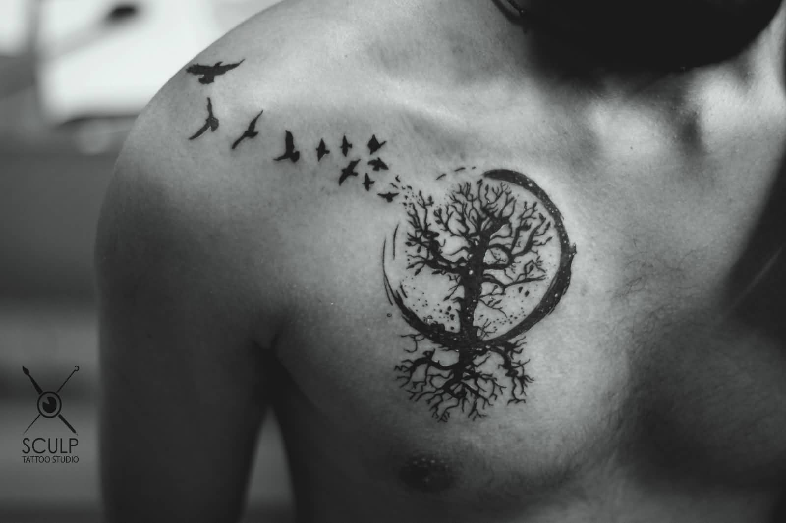 Flying Birds With Nice Tree Of Life Tattoo On Men Chest Golfian pertaining to proportions 1600 X 1066